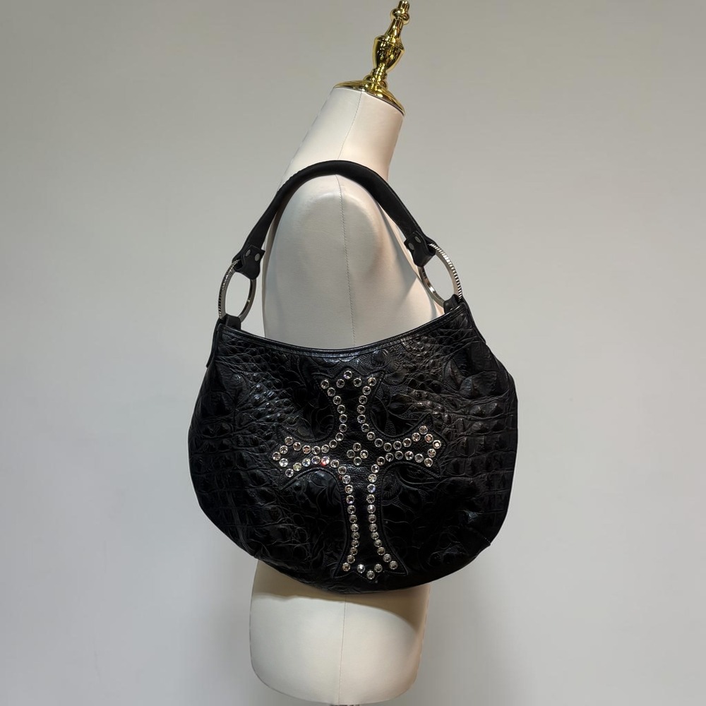 Raviani Purse Hobo Bag Black Cross Crystal Studded Tooled Croc Embossed Leather